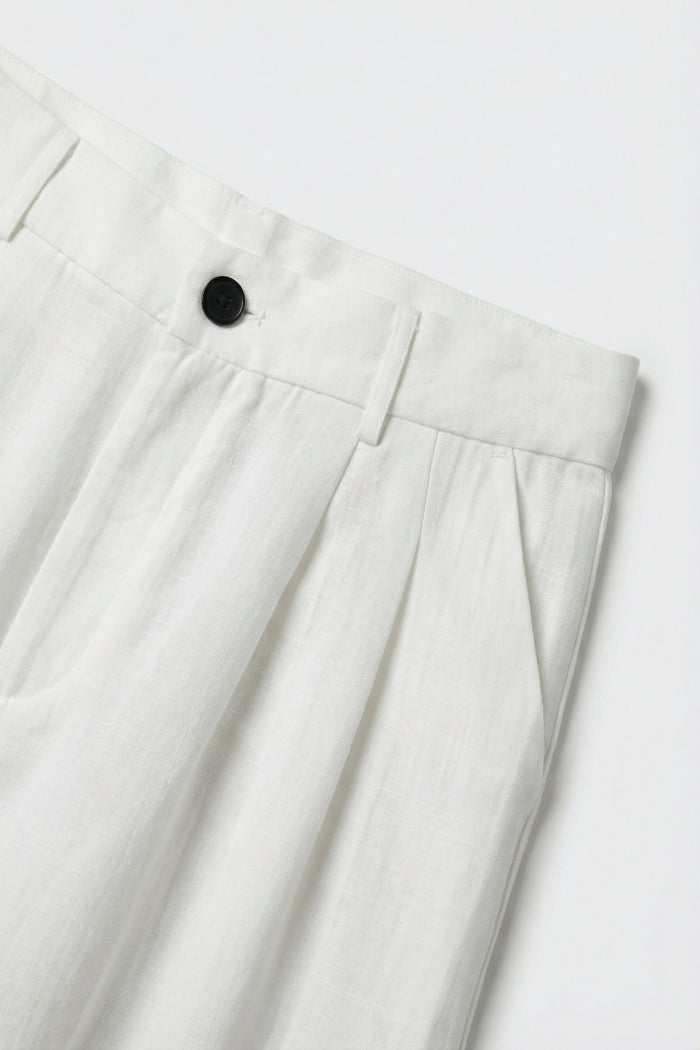 White Wide-Leg Front Pleat Summery Pants - trousers