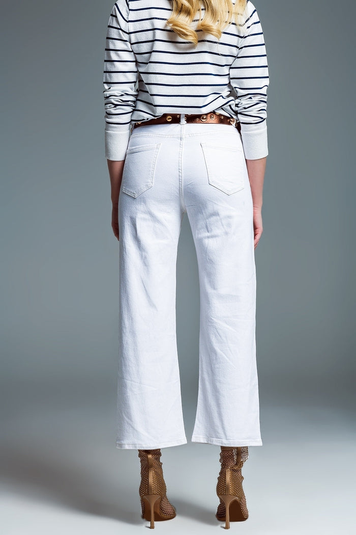 White Wide Leg Jeans With Metallic Finish In Gold - Coloured Jeans