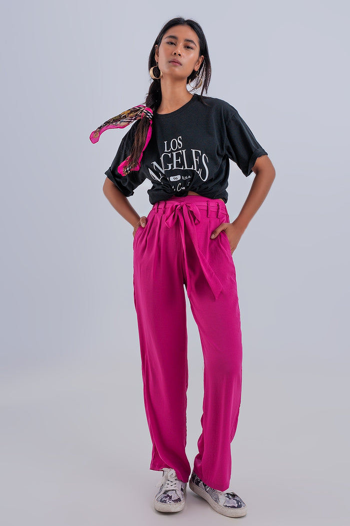 Wide leg belted pants in fuchsia - trousers