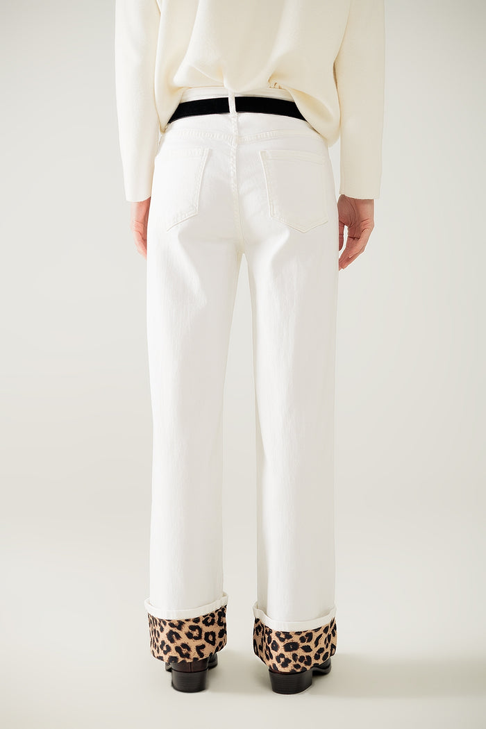 Wide leg cream pants with leopard print at the bottom - Coloured Jeans