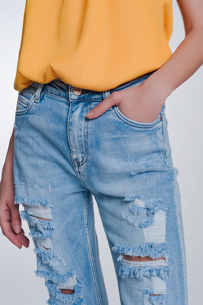wide leg cropped raw hem jeans in blue colour - Denim
