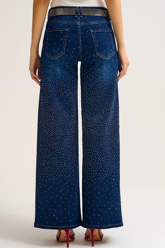 Wide Leg Denim Jeans with Rhinestone Detailing Front and Back - Denim
