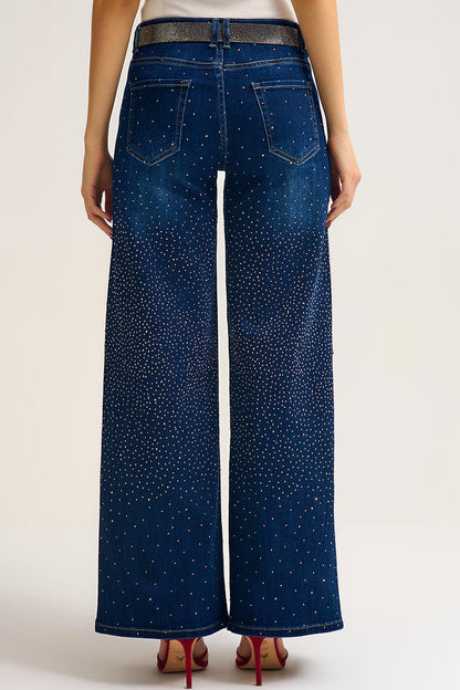 Wide Leg Denim Jeans with Rhinestone Detailing Front and Back - Denim