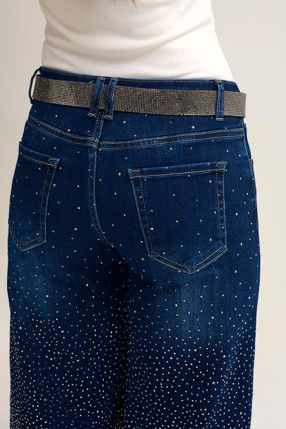 Wide Leg Denim Jeans with Rhinestone Detailing Front and Back - Denim