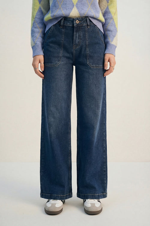 Wide-Leg Denim Jeans with Utility Patch Pockets - Denim