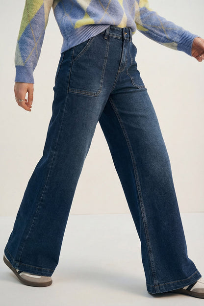 Wide-Leg Denim Jeans with Utility Patch Pockets - Denim