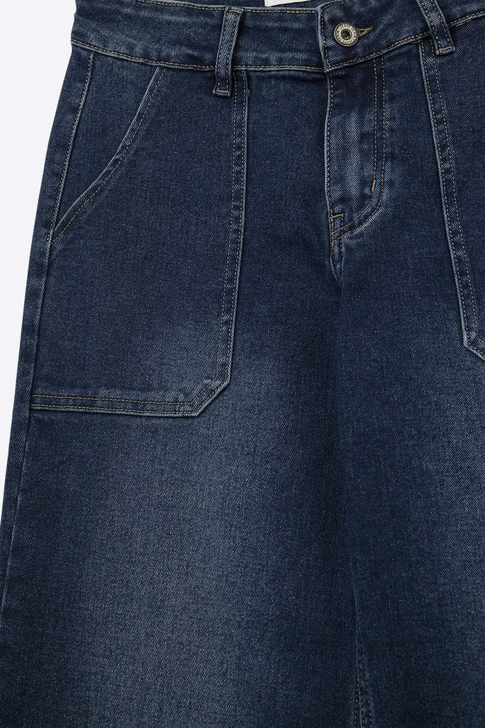 Wide-Leg Denim Jeans with Utility Patch Pockets - Denim