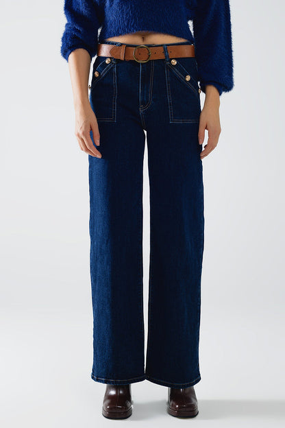 Wide leg jeans with 3 button detail - Denim