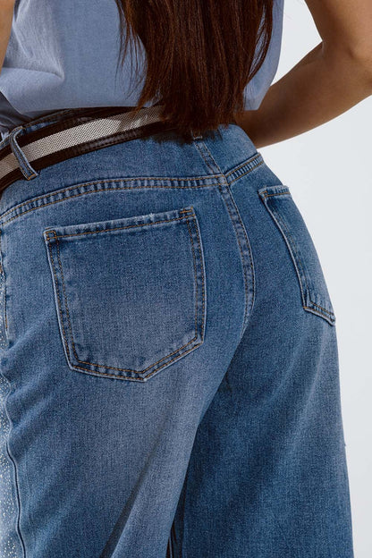 Wide Leg Jeans With Exposed Buttons And Stras Details in Mid Wash - Denim