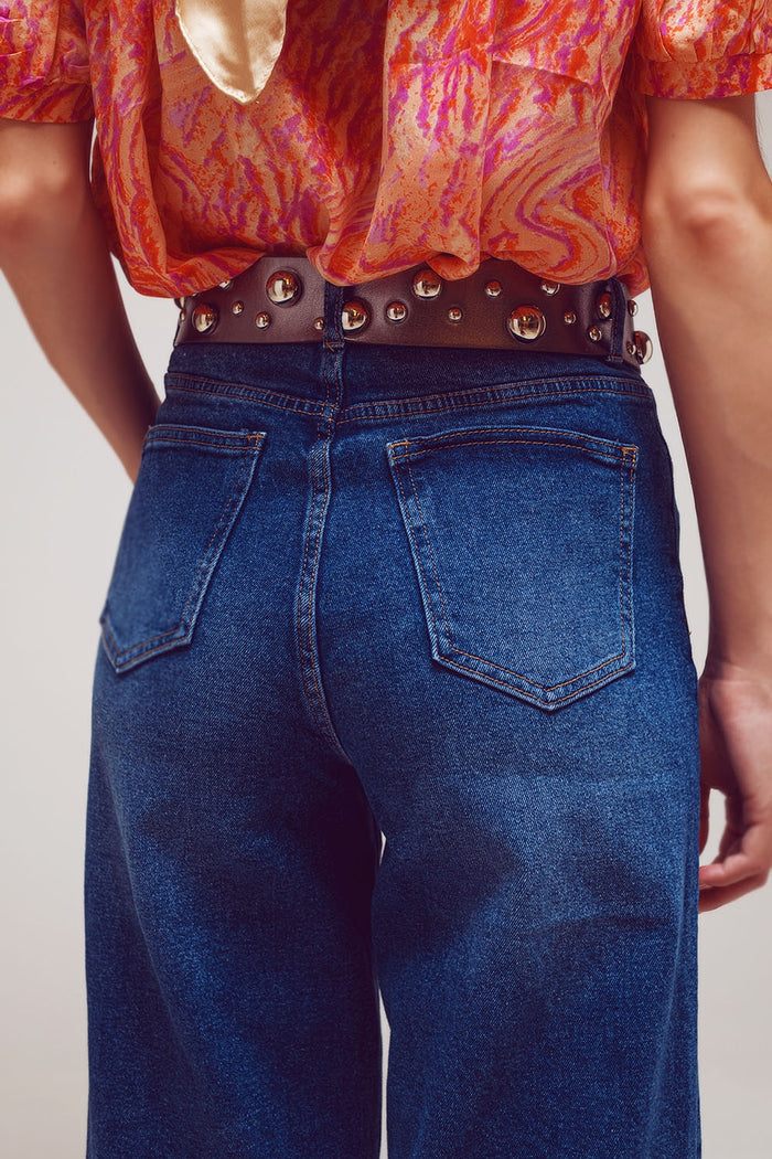 Wide Leg Jeans With Hem Detail in Mid Wash - Denim
