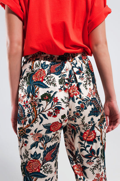 Wide leg pants in beige paisley floral - trousers
