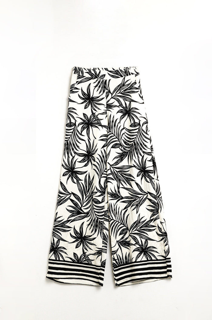 Wide Leg Pants In White With Floral Detail In Black - trousers