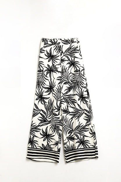 Wide Leg Pants In White With Floral Detail In Black - trousers