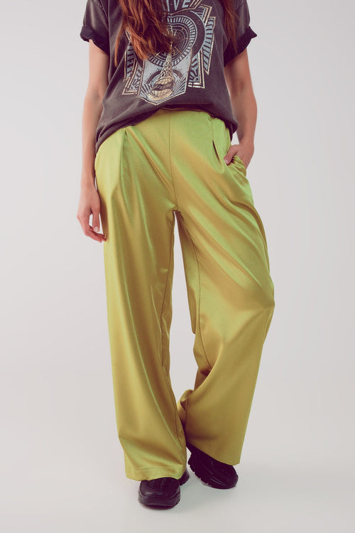 wide leg satin pants in acid lime - trousers