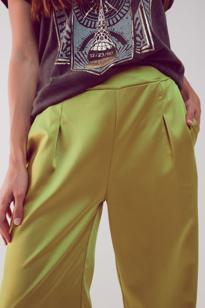 wide leg satin pants in acid lime - trousers