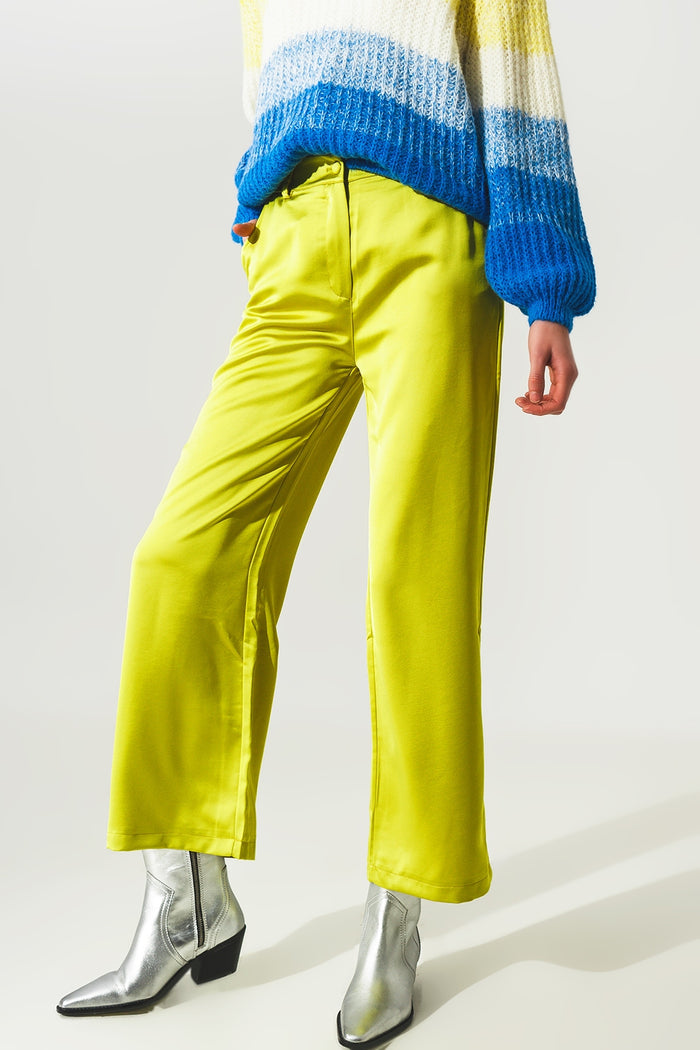 Wide leg satin pants in lime green - trousers