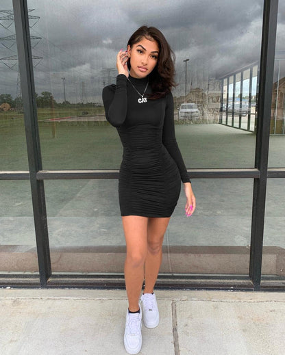 Women Classy Long Sleeve Bodycon Ruched Party Mini Dress