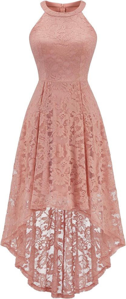 Women Halter Lace Hi Lo Wedding Guest Cocktail Formal Dress