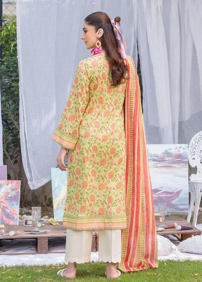 Yellow floral long kurta suit with tie neck and embroidered trim; white pants; striped dupatta