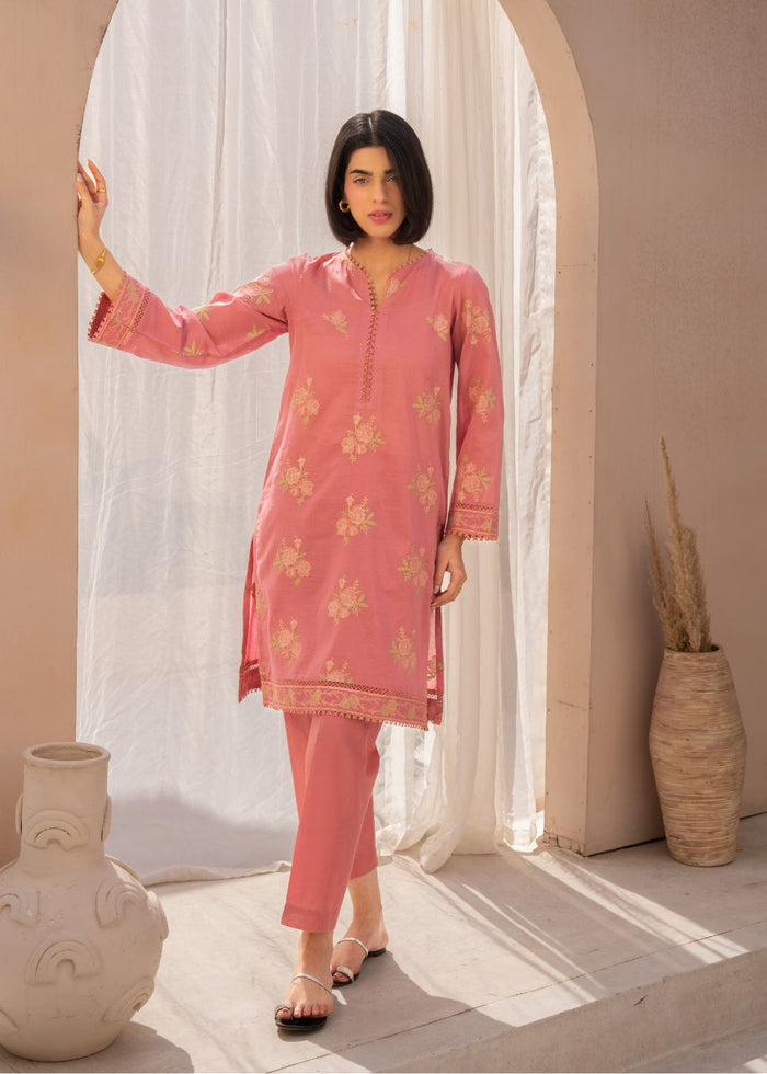 Pink floral 2-piece kurta and pants set, long sleeves, straight fit