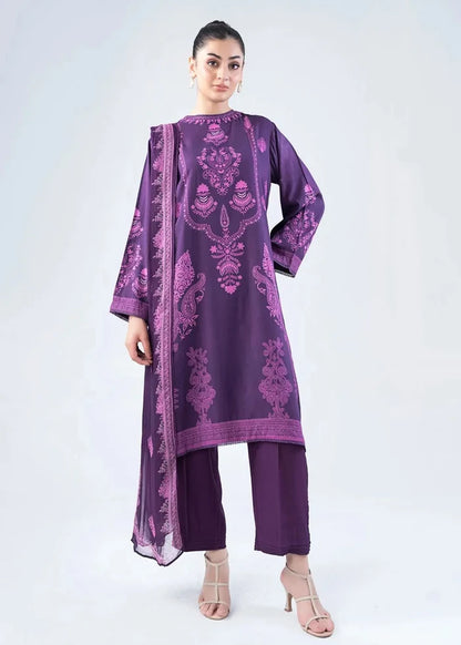 Women's purple printed 3-piece winter suit with long tunic, straight pants, and dupatta