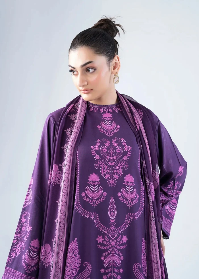 Women's purple printed tunic and dupatta detail with ornate floral paisley pattern