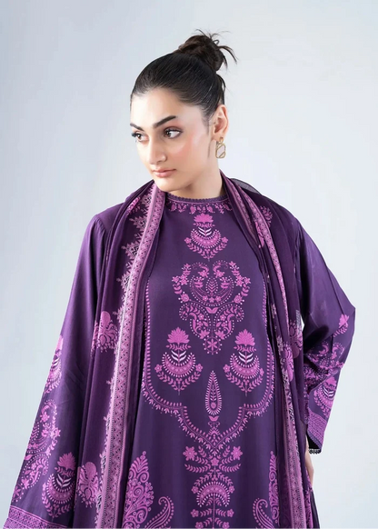 Women's purple printed tunic and dupatta detail with ornate floral paisley pattern