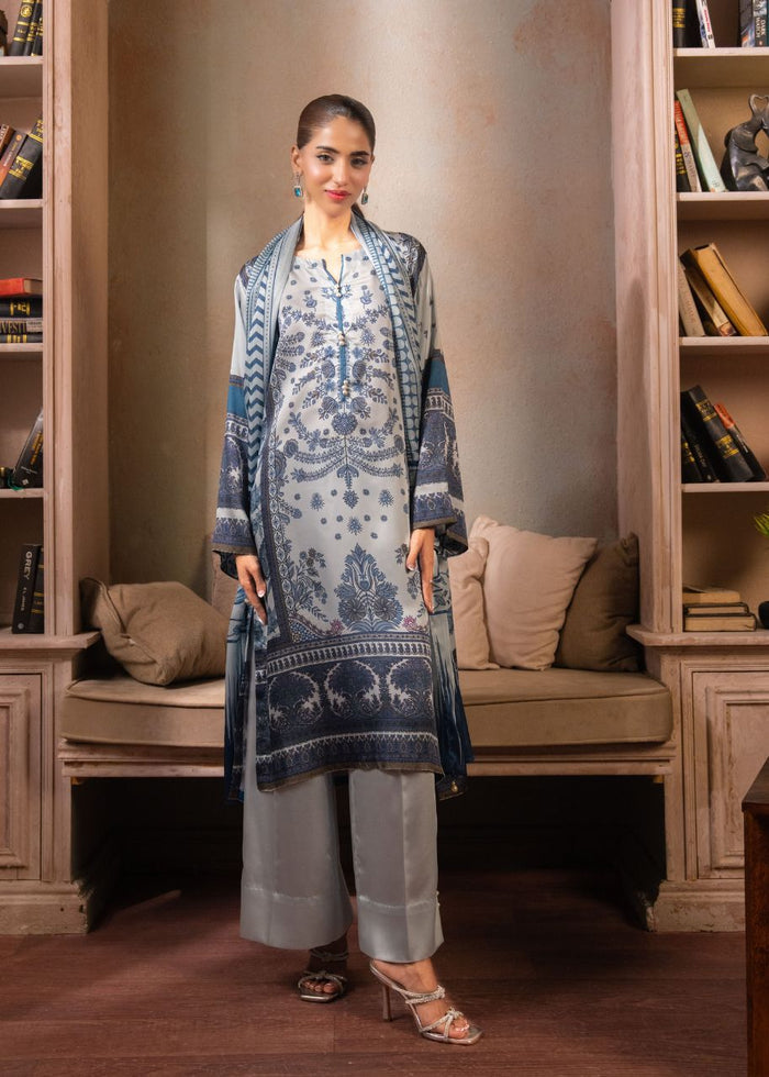 Women's 3-piece printed suit set: long tunic with blue border motifs, light pants, dupatta