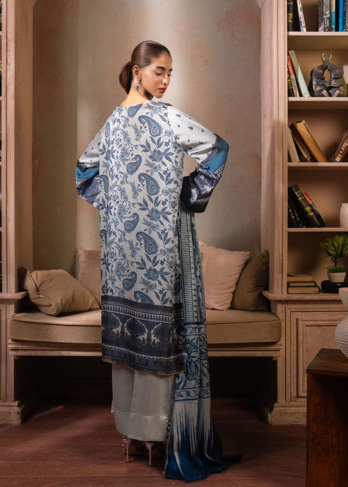 Women's 3-piece printed suit: long tunic and pants with blue floral print, draped dupatta