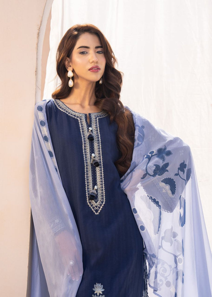 Women's dark blue embroidered tunic with long tassel-style button placket, sheer dupatta