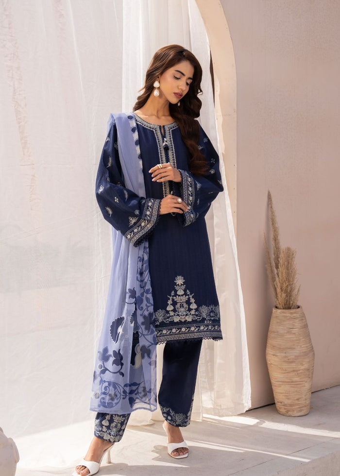 Women's dark blue embroidered long tunic, matching pants, light blue dupatta