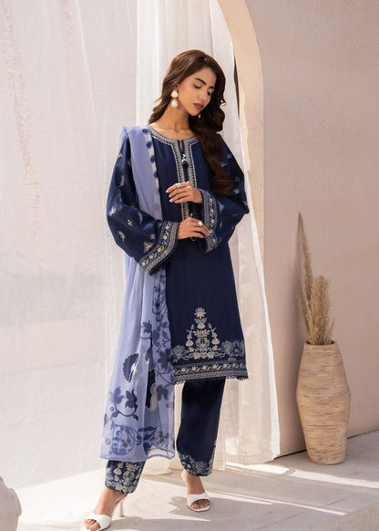 Women's dark blue embroidered long tunic, matching pants, light blue dupatta