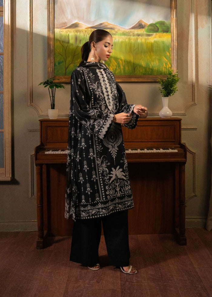Women's printed 3-piece suit, dark tunic with ornate white motifs and matching wide-leg pants