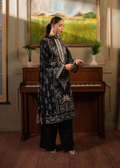 Women's printed 3-piece suit, dark tunic with ornate white motifs and matching wide-leg pants