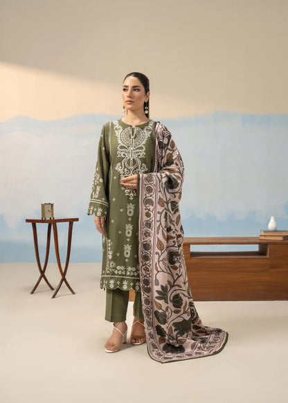Olive green 3-piece suit set with embroidered kurta, matching pants, and patterned dupatta