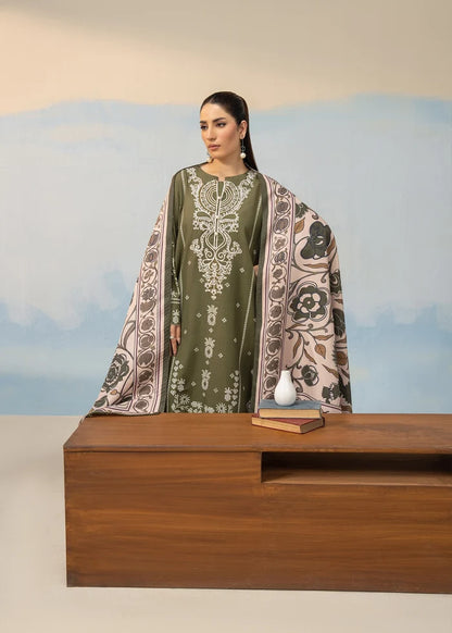 Olive green embroidered kurta with matching pants and border-printed dupatta, full view