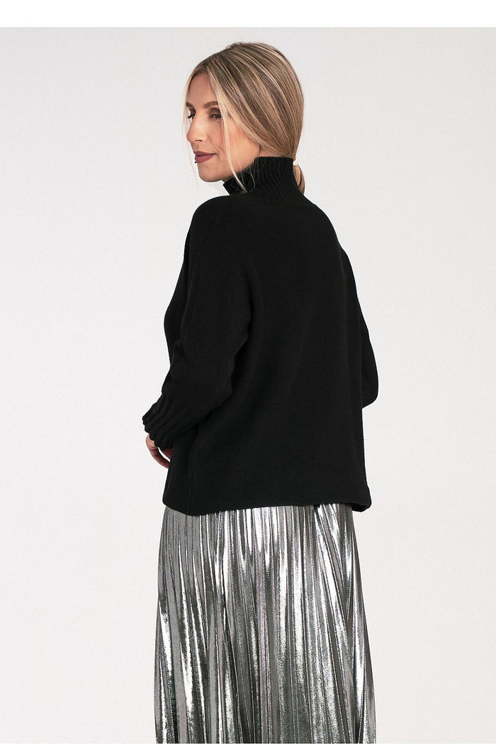 Women's Black Sweater with Ribbed Turtleneck - Sweaters