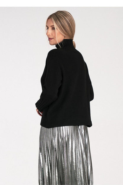 Women's Black Sweater with Ribbed Turtleneck - Sweaters