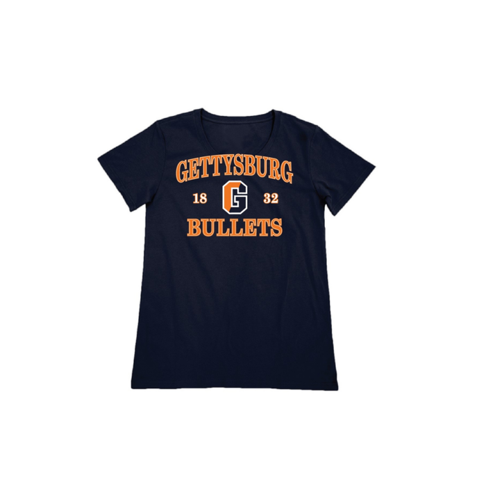 Women's Blue 84 Lizzie Navy Short Sleeve Tee - Gettysburg Bullets 1832 Athletic Split G