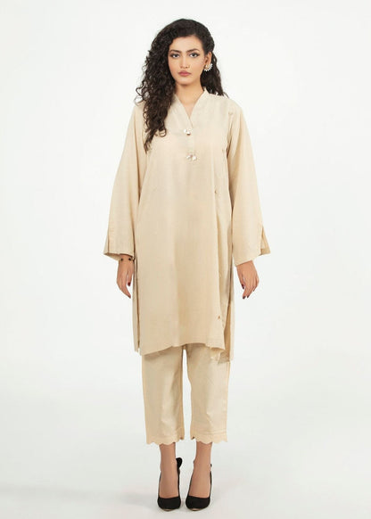 Cream long tunic shirt with V-neck button front and loose long sleeves