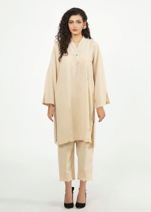 Cream long tunic shirt with V-neck button front and loose long sleeves