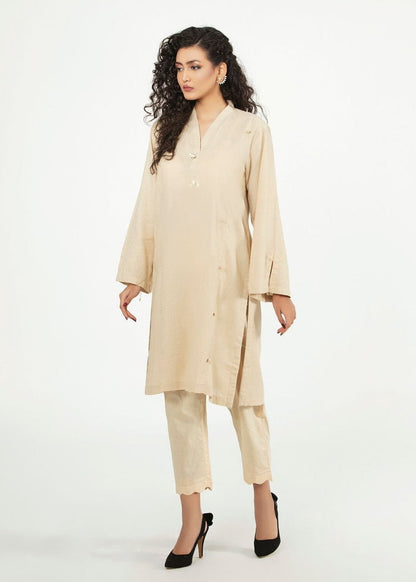 Cream long tunic shirt with button placket and cuffed long sleeves