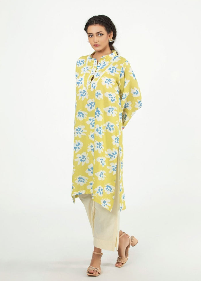 Women’s casual winter tunic shirt, blue floral print, asymmetrical hem, long sleeves