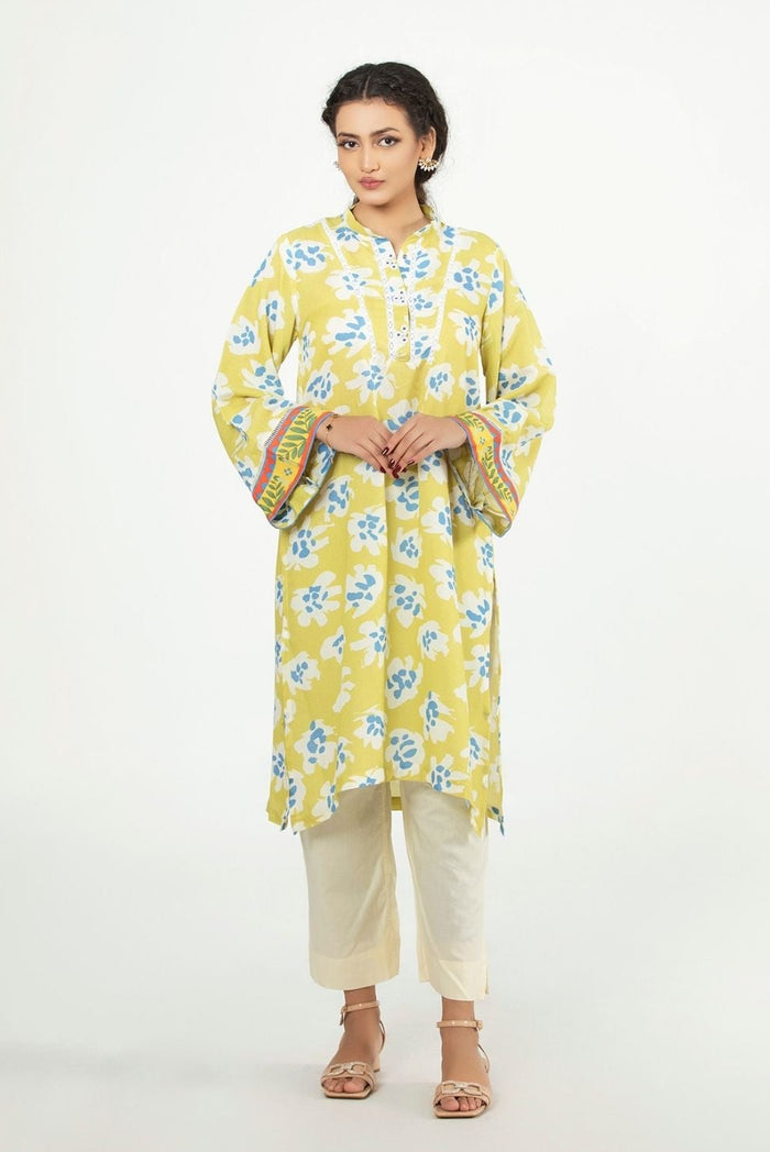 Women’s casual winter tunic shirt with collar, button front, blue floral print, long sleeves