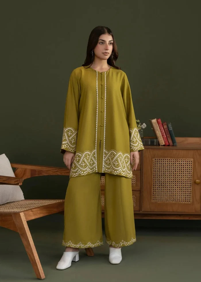 Olive winter co-ord set: embroidered yoke tunic, button placket, and matching wide-leg pants