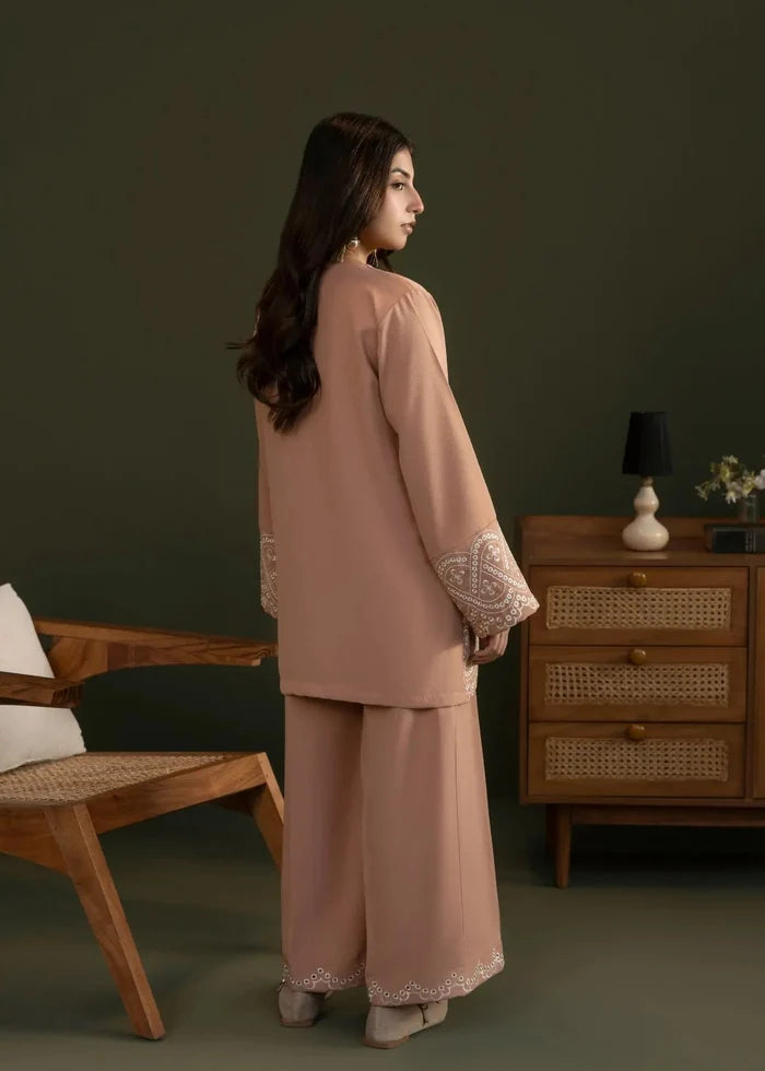 Women’s peach georgette co-ord set, long tunic and pants with embroidered cuffs and hem