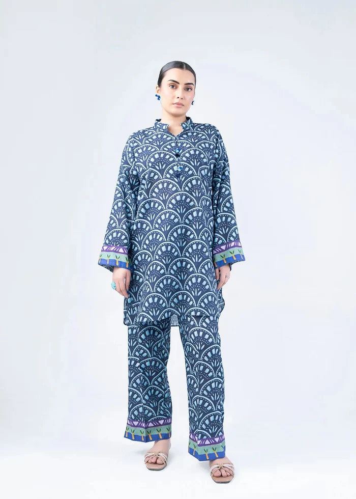Women's printed co-ord set: navy long kurta with placket and straight pants