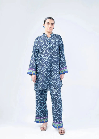 Women's printed co-ord set: navy long kurta with placket and straight pants