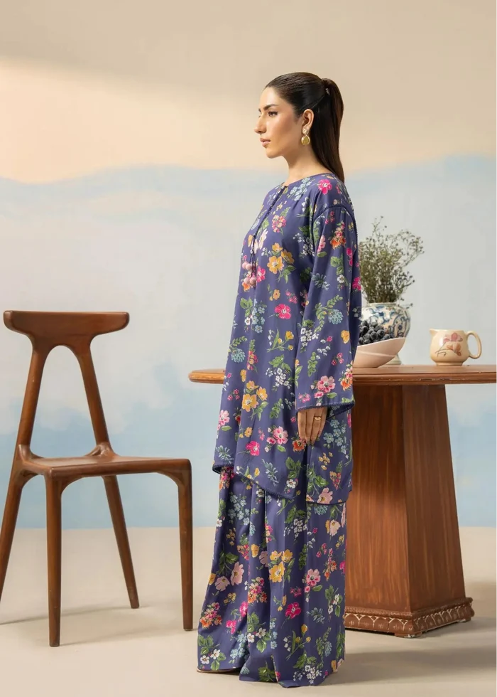 Women’s dark purple floral print 2-piece set, side view with long kurta-style top and skirt