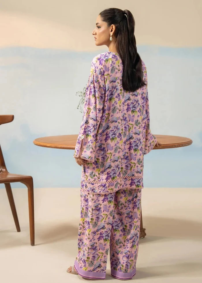 Women's winter co-ord set, floral long-sleeve top and wide-leg pants, back view